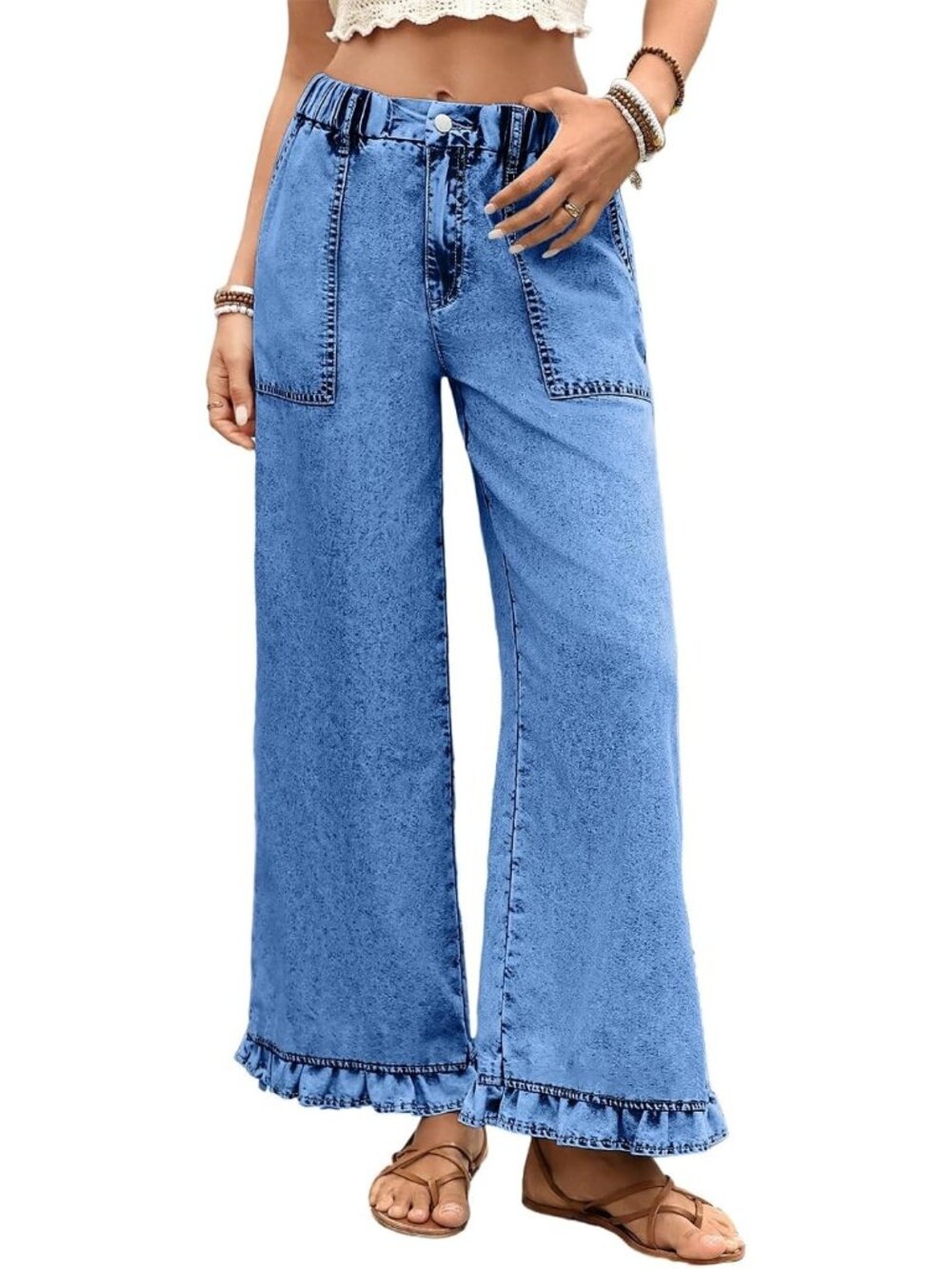 Women's Dusk Blue Ruffle Hem Pants High Waisted Baggy Elastic Wide Leg Jean